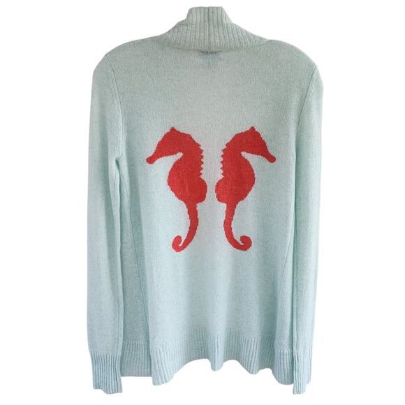 NEW Two Bees Cashmere Cardigan sz Small Light Aqua with Coral Seahorses Reg $297 - Picture 1 of 5